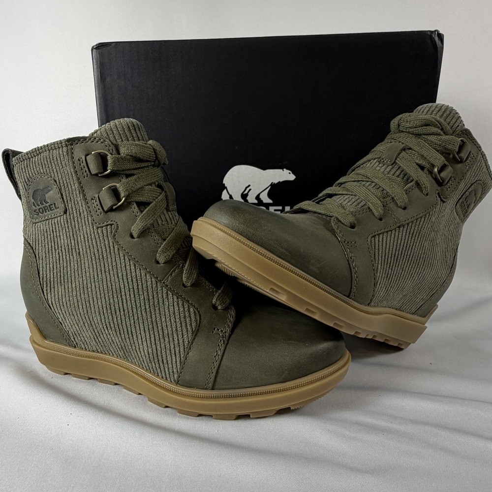 Sorel Women Size‎ 5.5 Evie II NW Lace Stone Green Waterproof Wedge Booties Boots
